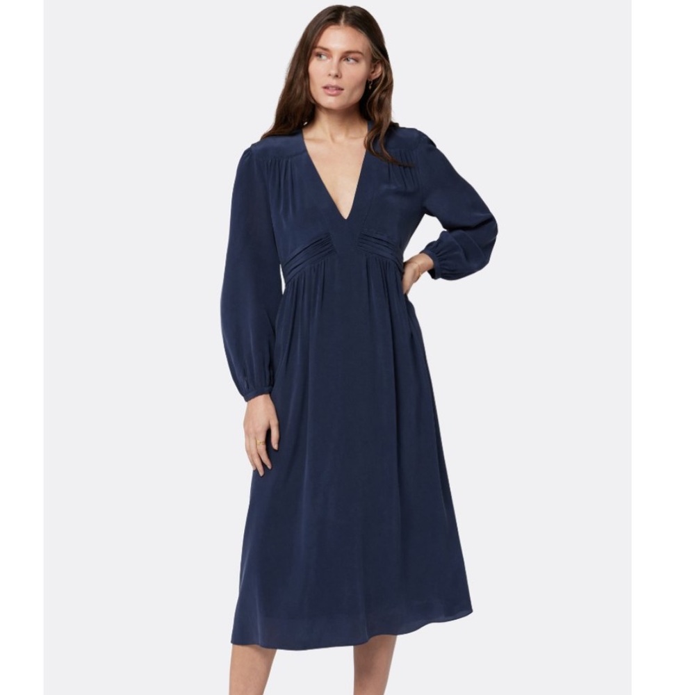 Jolie Kaz Midi Silk Dress Navy Blue Sheer Sleeve Frock Size XS